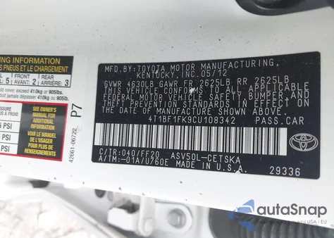 2012 Toyota Camry Se from USA, damaged, VIN 4T1BF1FK9CU108342